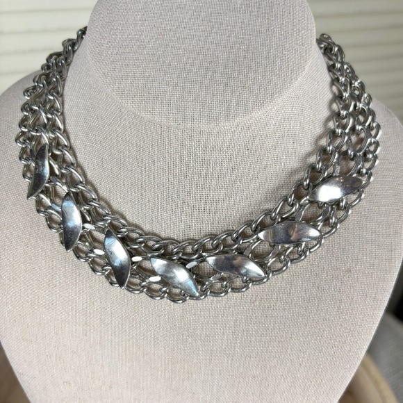 American Vintage Jewelry - 1970s Brutalist Silver Tone Necklace Paisley Style Mid Century Statement Chain